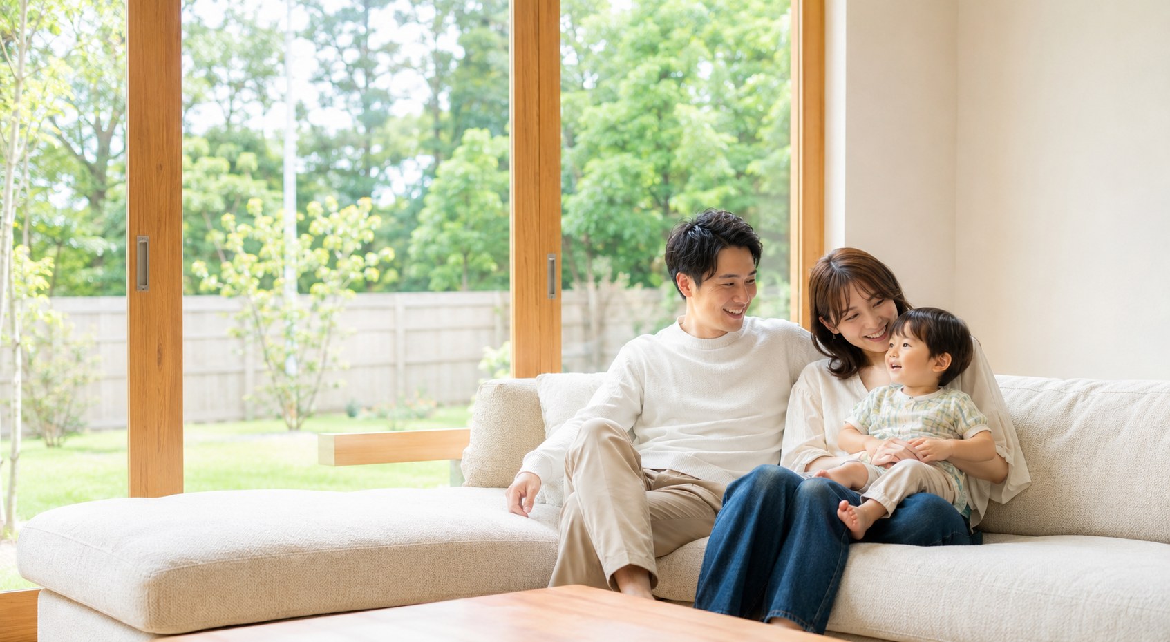 明るいリビングのソファで、緑豊かな庭を背景に寄り添う3人家族
