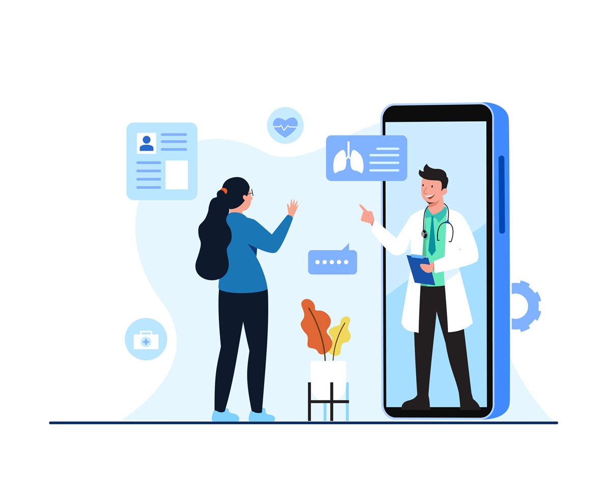 スマートフォンを通じて医師と患者がオンラインで医療相談をしているイラスト