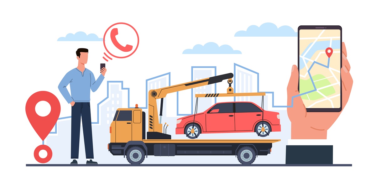 男性がスマートフォンでロードサービス(レッカー車)を呼び、車が運ばれているイラスト