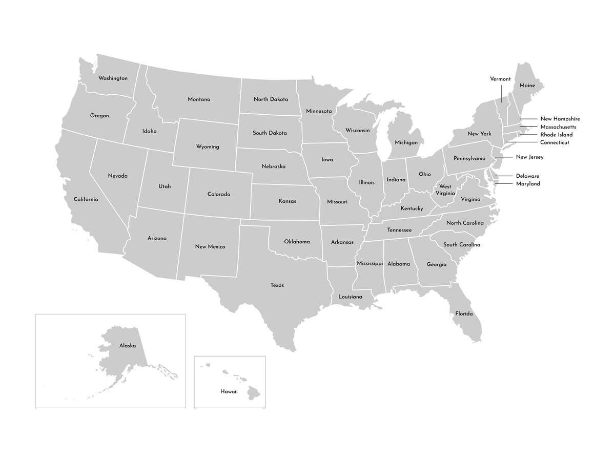 アメリカ合衆国の各州名が記載された地図