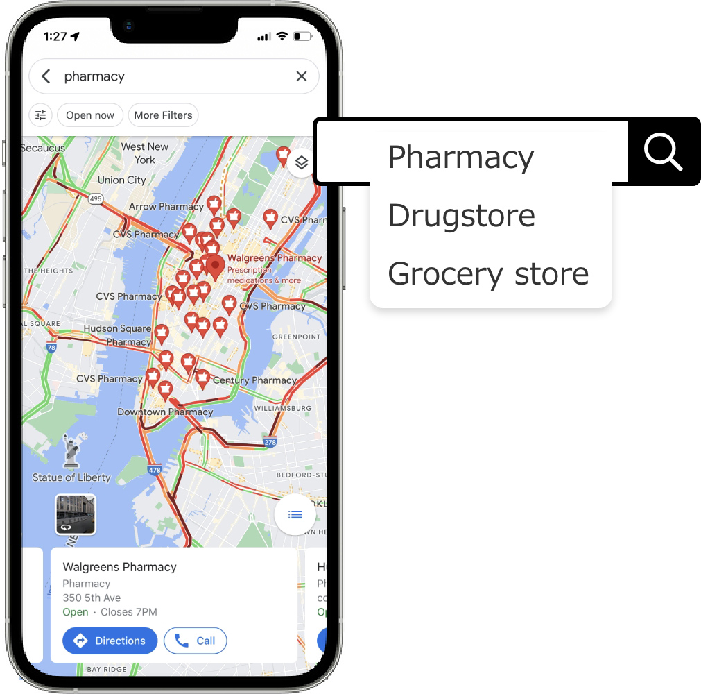 Google Mapで検索。Drugstore、Pharmacy、Grocery storeを入力